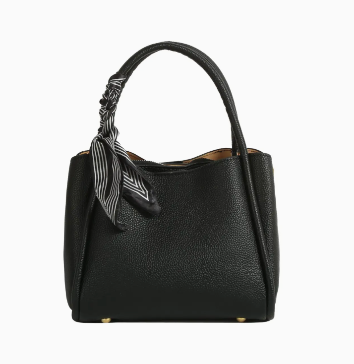 Black Structured Boxy Tote 👜 with Removable Scarf – Effortless Elegance