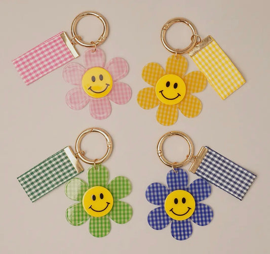 Happy Face Gingham Flower Bag Charm Keychain
