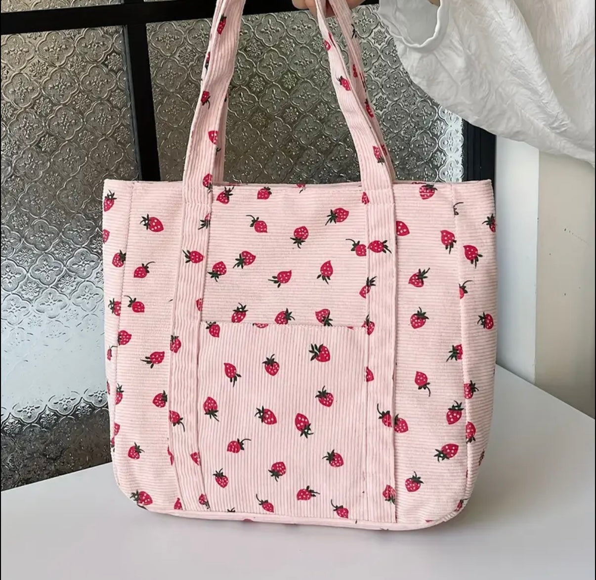 🍓 Pink Strawberry Corduroy Tote Bag 🍓