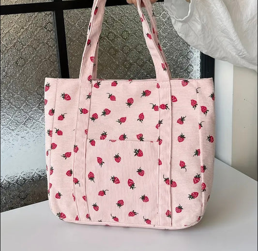 🍓 Pink Strawberry Corduroy Tote Bag 🍓