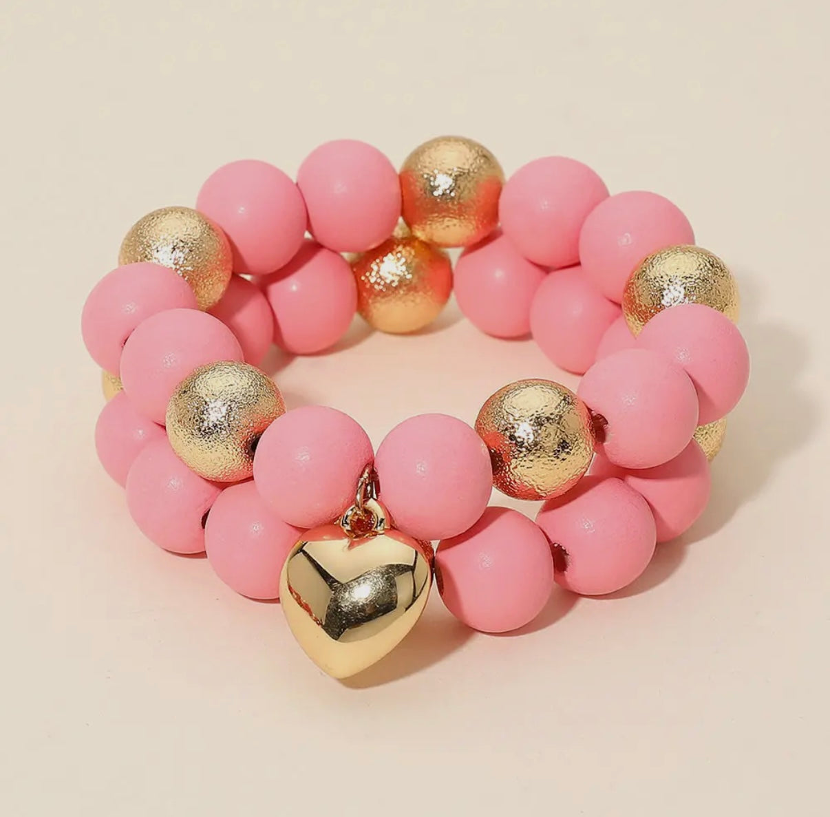 2pc - Pink/Gold Chunky Heart Wooden Metal Ball Bracelet
