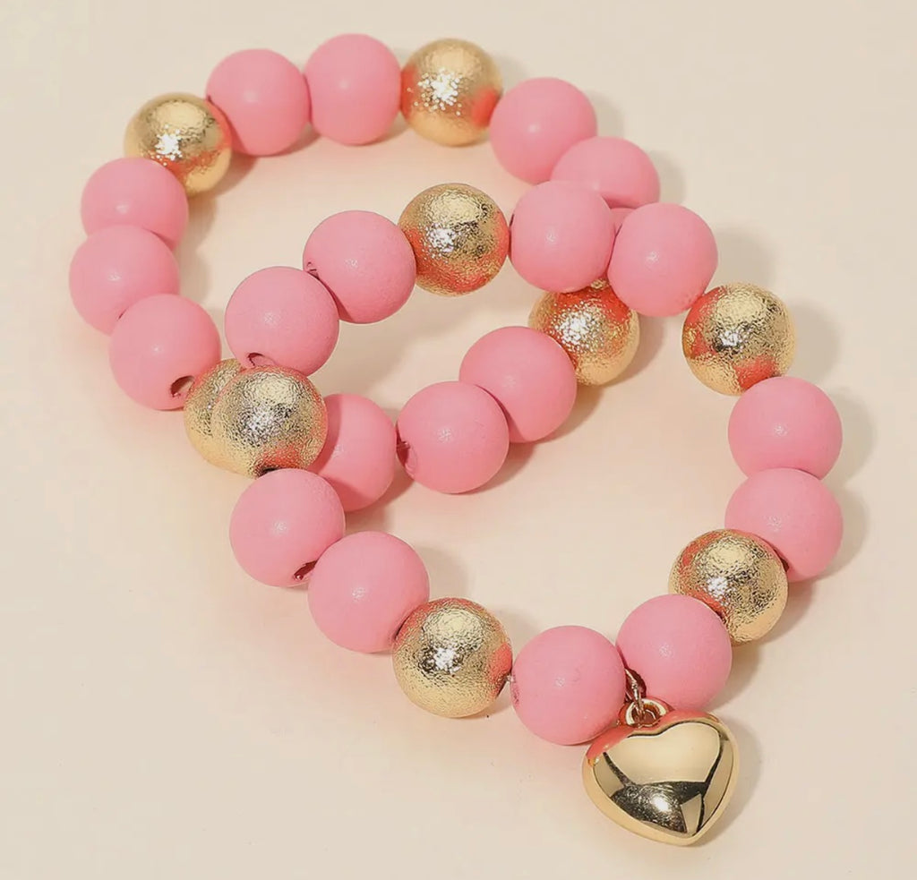2pc - Pink/Gold Chunky Heart Wooden Metal Ball Bracelet