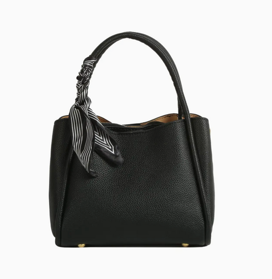 Black Structured Boxy Tote 👜 with Removable Scarf – Effortless Elegance